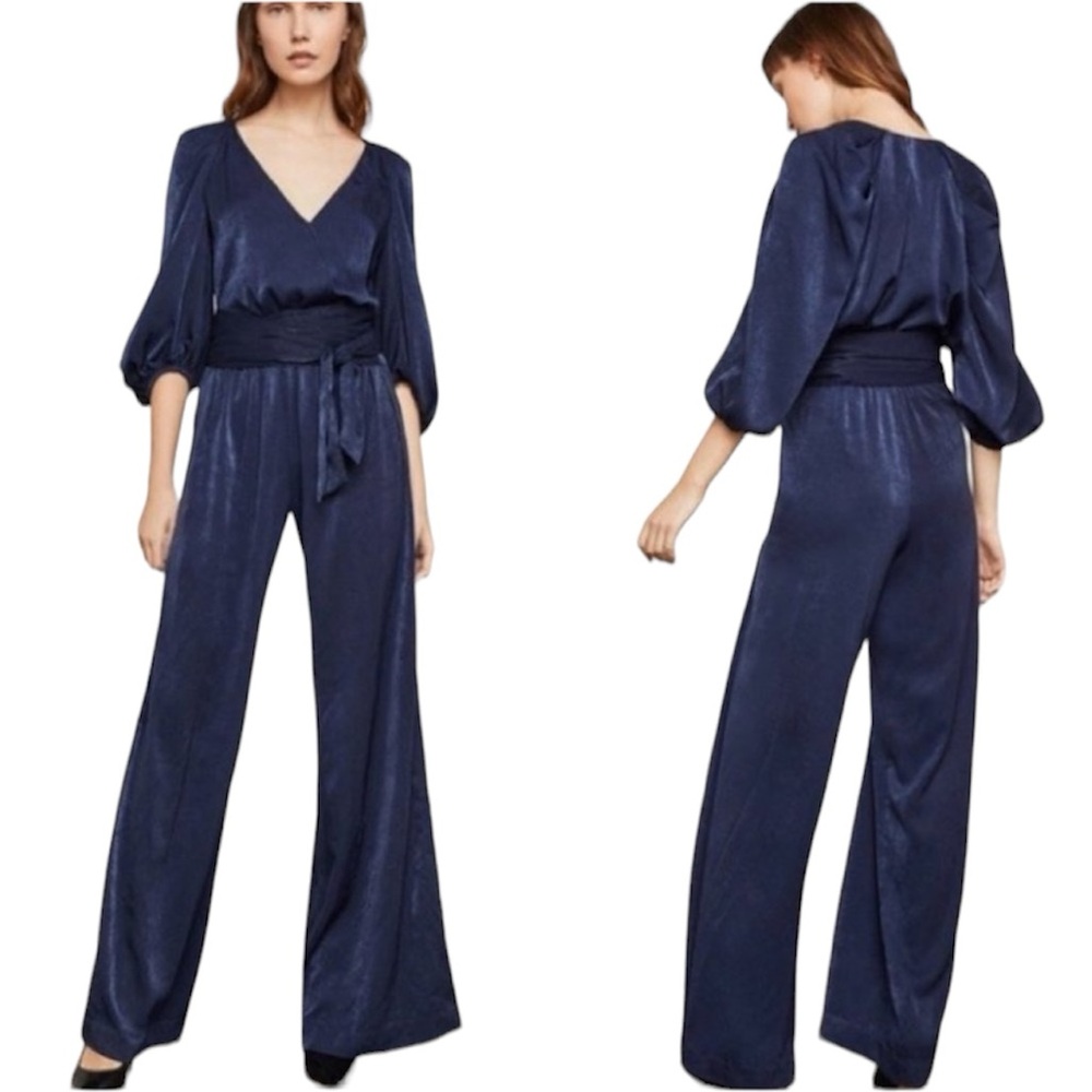 BCBGMaxazria Navy Satin Puff Sleeve Wide Leg waist Tie Jumpsuit XS